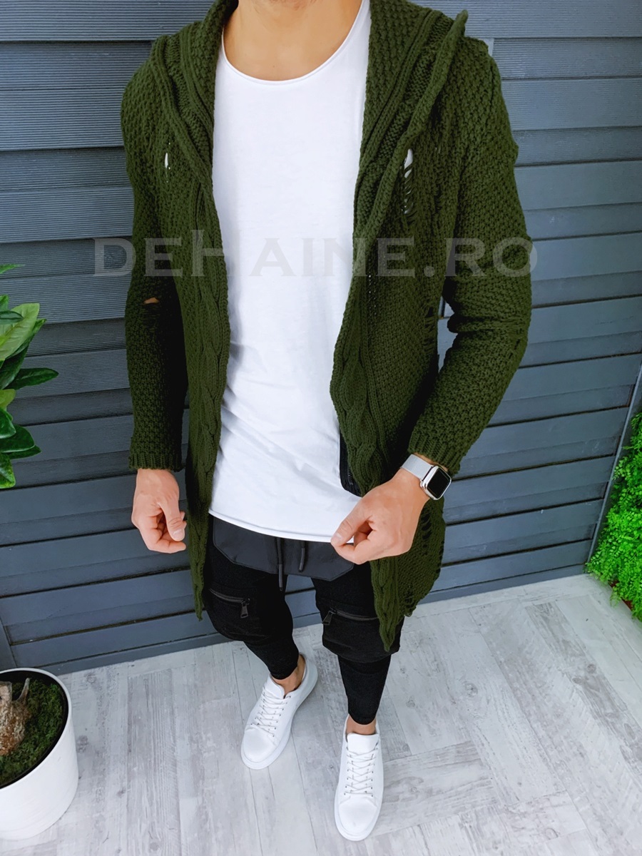 Cardigan barbati kaki cu gluga slim fit zr t3601 93-5/u